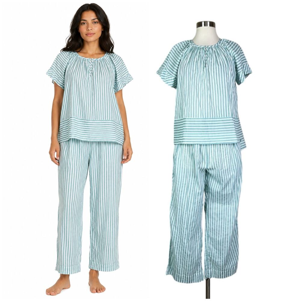 Mirth | Blue White Stripe Cotton Lounge Sleep Matching Pajama Set Handmade XS